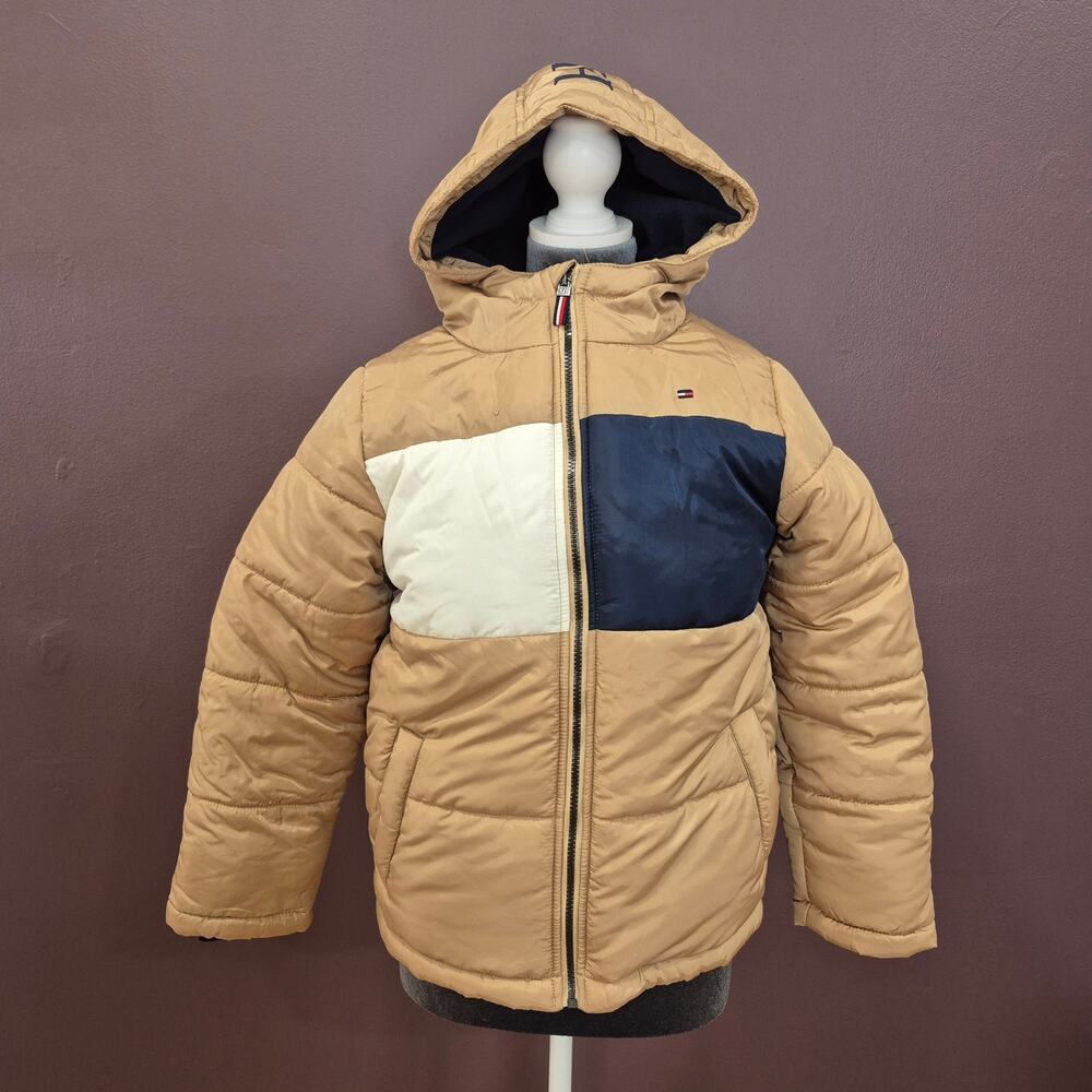 Tommy Hilfiger Kids' Hooded Colorblock Khaki Puffer Jacket | Boys M (10/12)